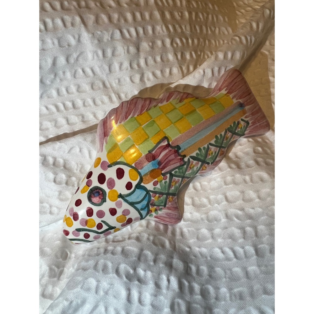 MacKenzie-Childs Ceramic Fish Knob 5in Colorful Checker Pink‎ Pull Handle